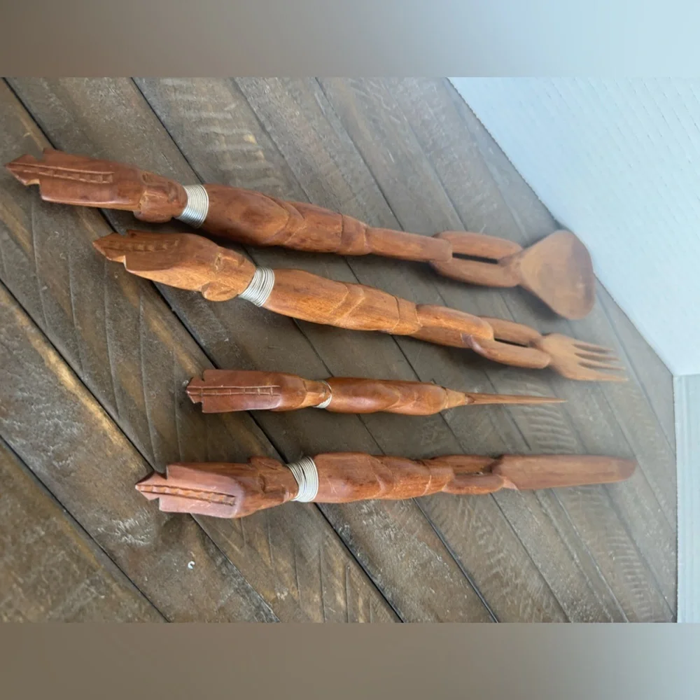 Vintage tribal wooden hand Carved serving set